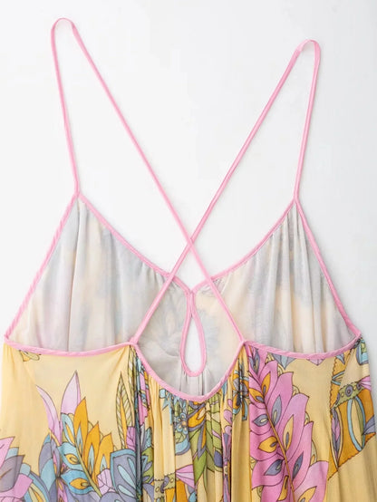 Sexy Floral Print Chiffon Print Loose Dress Women Cami Loose Beach Dress Fashion 2025 Summer Backless Female Dress
