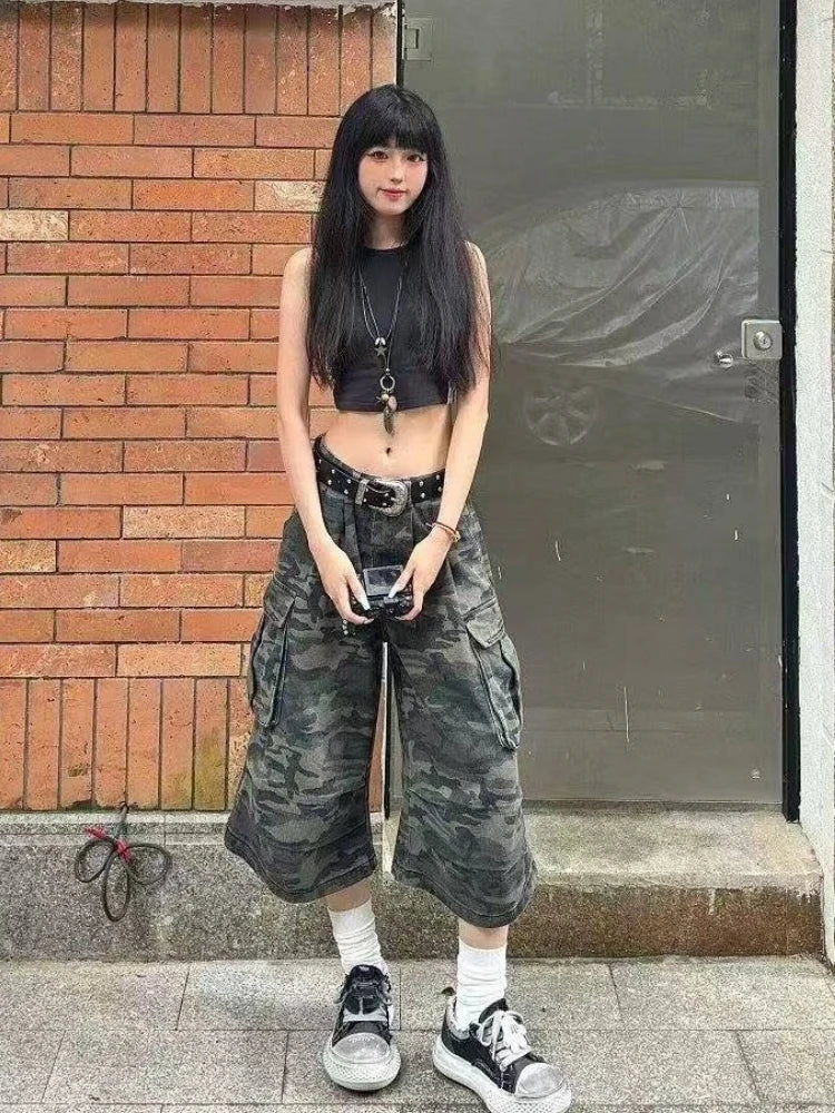 2026 Y2k Retro Women Low Rise Jorts Brushed Black Wash Cropped Baggy Jeans Wide Leg Frayed Denim Short Pants Fashion