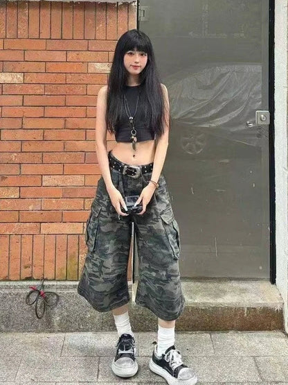 2026 Y2k Retro Women Low Rise Jorts Brushed Black Wash Cropped Baggy Jeans Wide Leg Frayed Denim Short Pants Fashion
