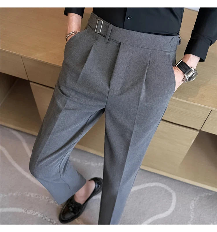 2026 Texture Naples Men's Solid Color Casual Pants Fashion Belt Design Slim Fit Suit Pants Formal Wear Wedding Social Trousers