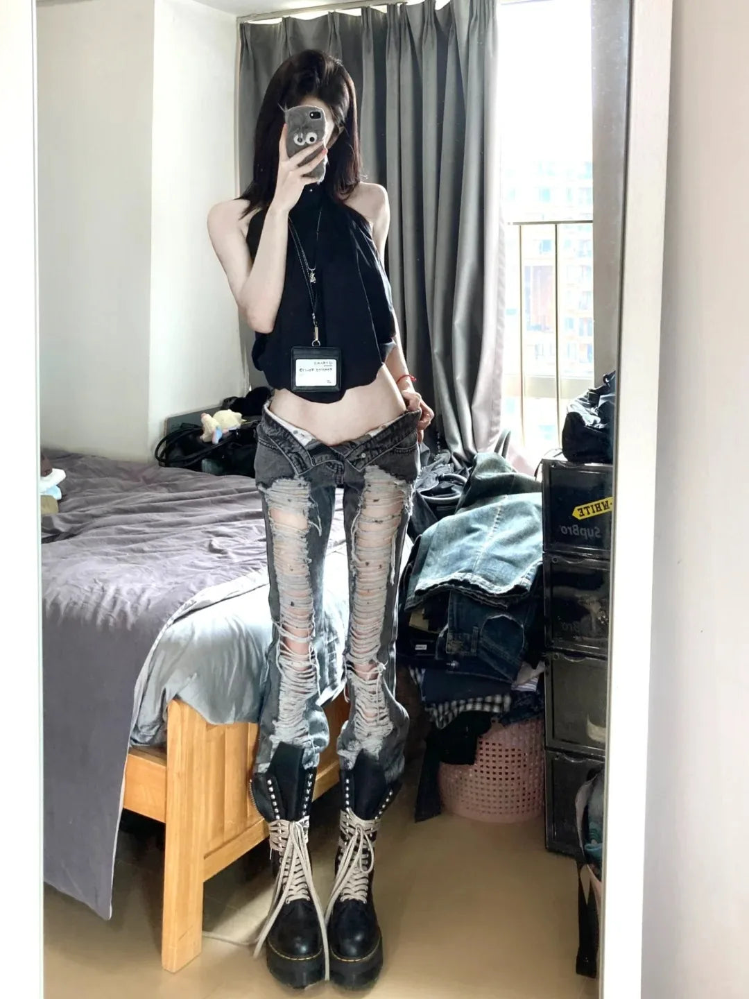 Women Goblin Core Harajuku Abi Y2K Flare Denim Pants Cyber Punk Long Trousers Slim Grunge Goth Baddie Trumpet Pants Y2k Japanese