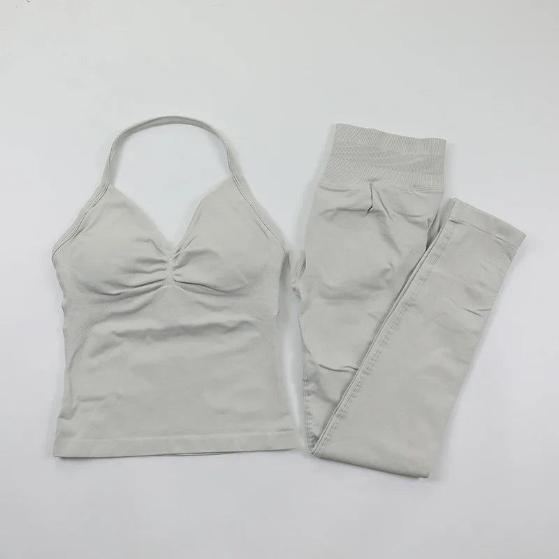 Fitness Leggings Set Women Seamless Yoga Set Fitness Clothing Scrunch Bum Gym Legging Padded Tank Top Workout Outfits Sportswear