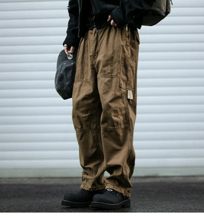 Japanese Vintage Cargo Pants Men Premium Cotton Loose Fit Straight Leg American Fashion Casual Trendy Streetwear Long Workwear