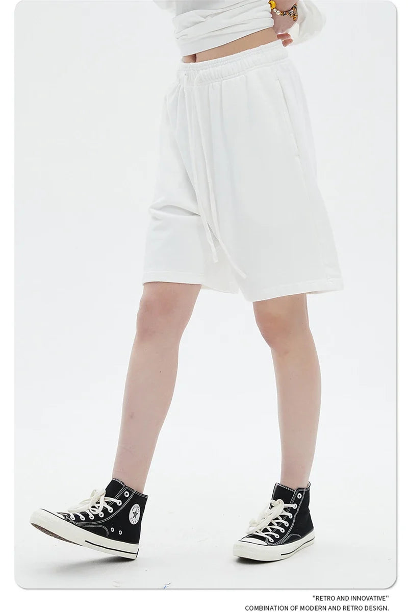 Fashion Summer Men 420gsm Washed Cotton Shorts Retro Unisex High Street Terry Knee Length Short Pants Streetwears HY0845