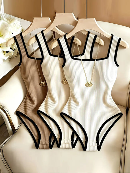3pcs Women's Ribbed Bodysuit Set Fashionable Black Piped Square Neck Waist-Cinching Style Summer Nightlife Wear Elegant Beach Ou