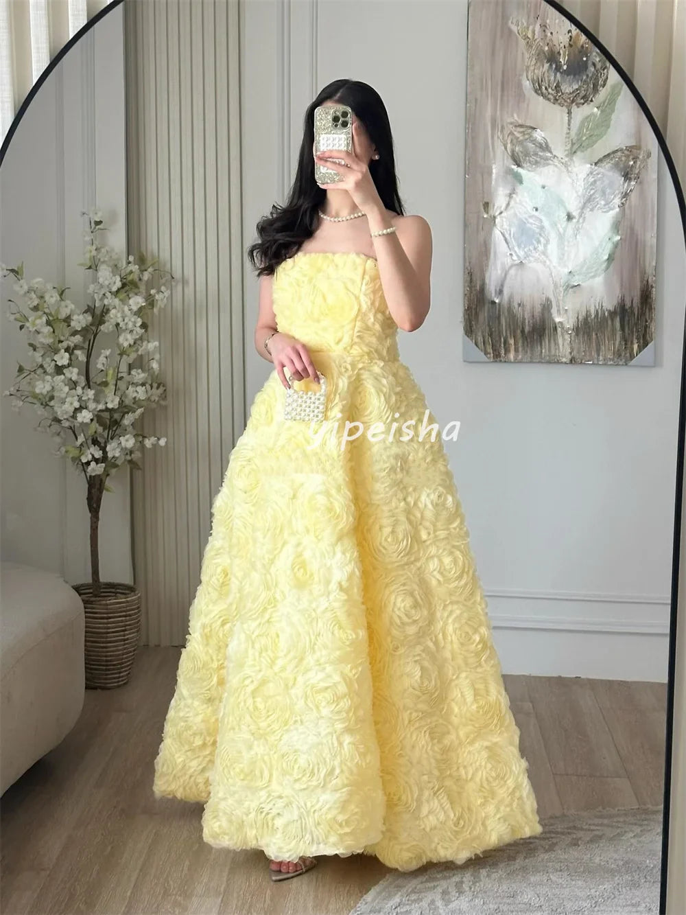 Customized Intricate Exquisite Handmade Flower Pleat A-line Strapless Long Dresses Bespoke Occasion Dresses High Quality Elegant
