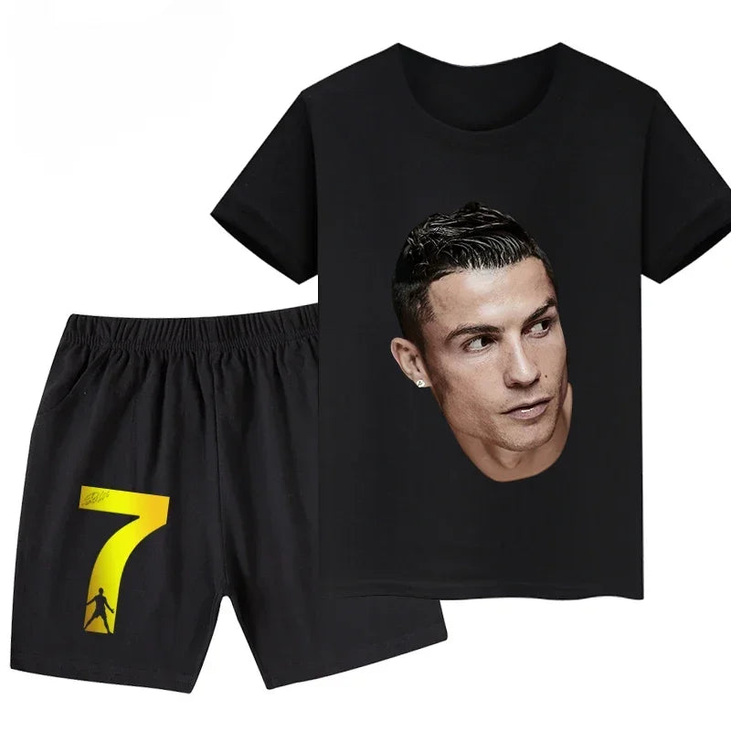 Summer Ronaldo Printed Children's Set Short-sleeved Shorts Suit Sports Kid T-shirt 2-piece Set Street Fashion Boys Baby Clothing