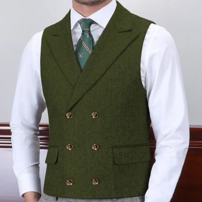 Men Vest Gray Herringbone With Lapel Double Button Waistcoat For Wedding Business Banquet Work Daily Casual Men Suit Vest