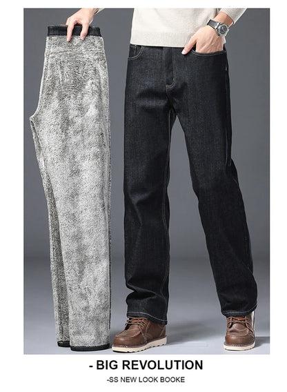 Men's Fleece Lined Thicken Jeans Winter Warm Stretch Slim Fit Denim Pants Comfortable Soft Trousers for Daily Work Wear Clothing