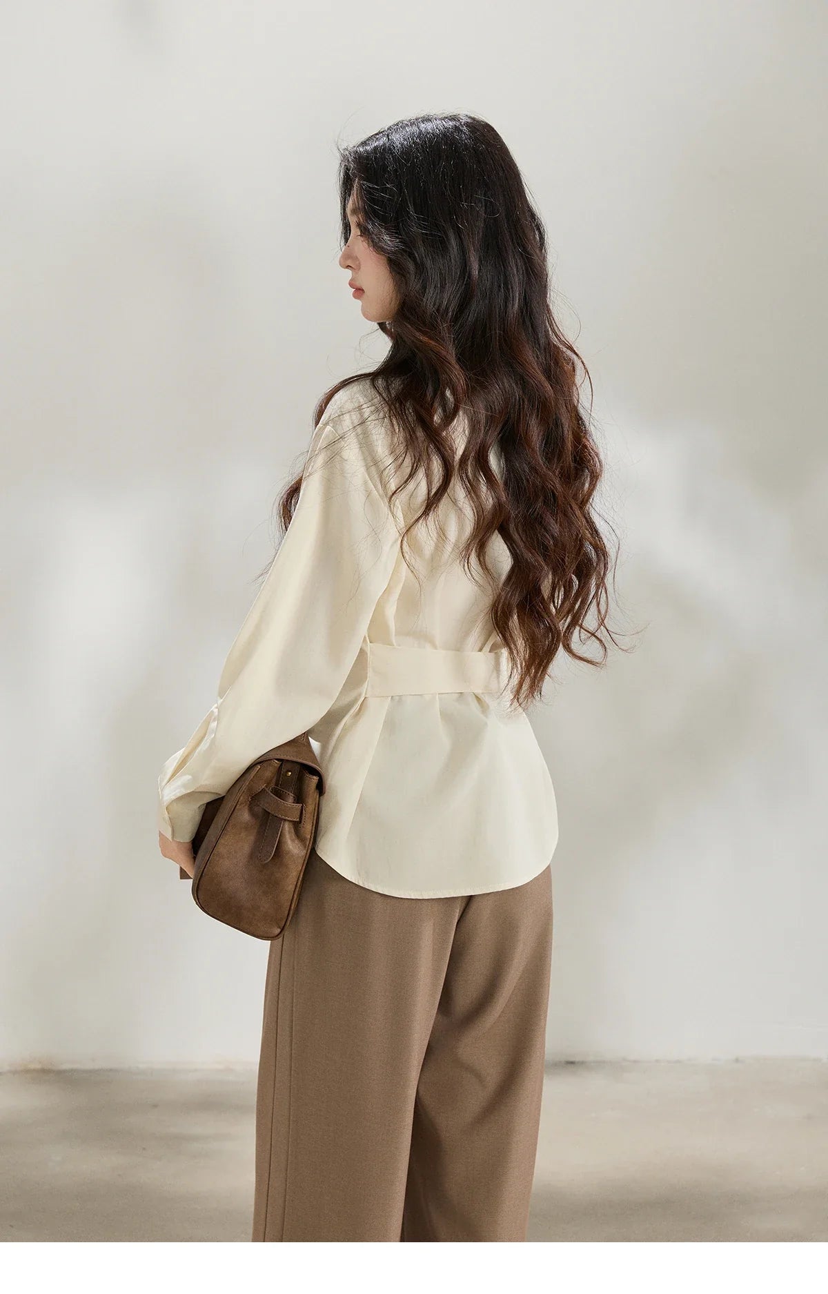 Women's Lapel Collar Long Sleeve Shirt 2026 Spring with Belted Waist Casual Loose Soft Beige Shirt Office Lady MXF13C2452