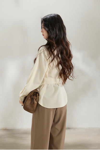 Women's Lapel Collar Long Sleeve Shirt 2026 Spring with Belted Waist Casual Loose Soft Beige Shirt Office Lady MXF13C2452