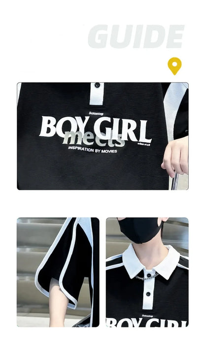 Summer Boys Patchwork Alphabet Preppy T-Shirt Tops+Drawstring Shorts Pant Set School Kids 2PCS Tracksuit Children Outfits 5-16Yr