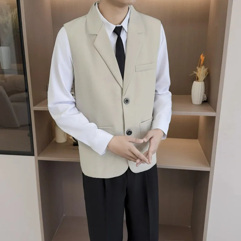Summer Suit Vest Turn Down Collar Single-breasted Male Waist Sleeveless Pocket Versatile Business Casual Man Coat