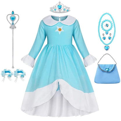 Rosalina Dress Girls Peach Children Halloween Costume Game Role Play Princess Dress Long Sleeve