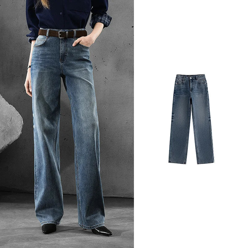 Women Denim Jeans 2025 Autumn New Lycra Stretch Straight Wide Leg Long pants
