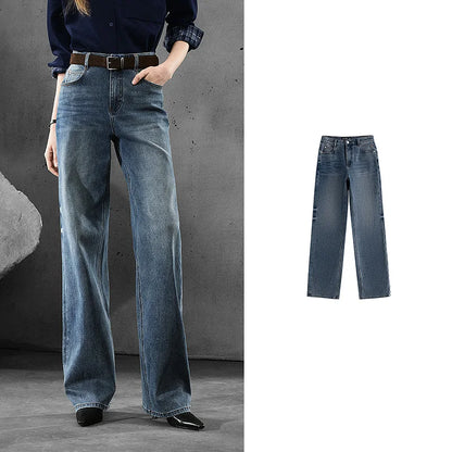 Women Denim Jeans 2025 Autumn New Lycra Stretch Straight Wide Leg Long pants