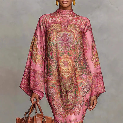Fashion Print Long Dress Women 2025 Autumn Long Sleeve Loose Half High Collar Maxi Dresses Elegant Robes Femme