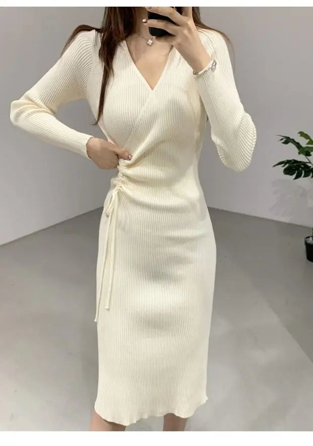 Chic V-ne Knitted Wrap Waist Slimming Mid-length A-line Dr Women's Sweater Dr Korean Sle High Waist Long Sve
