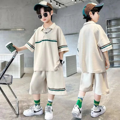 Summer Boys Cotton Loose Alphabet Stripes T-Shirt Tops+Shorts Pant Sets School Kids 2PCS Tracksuit Children Outfits 3-16 Years