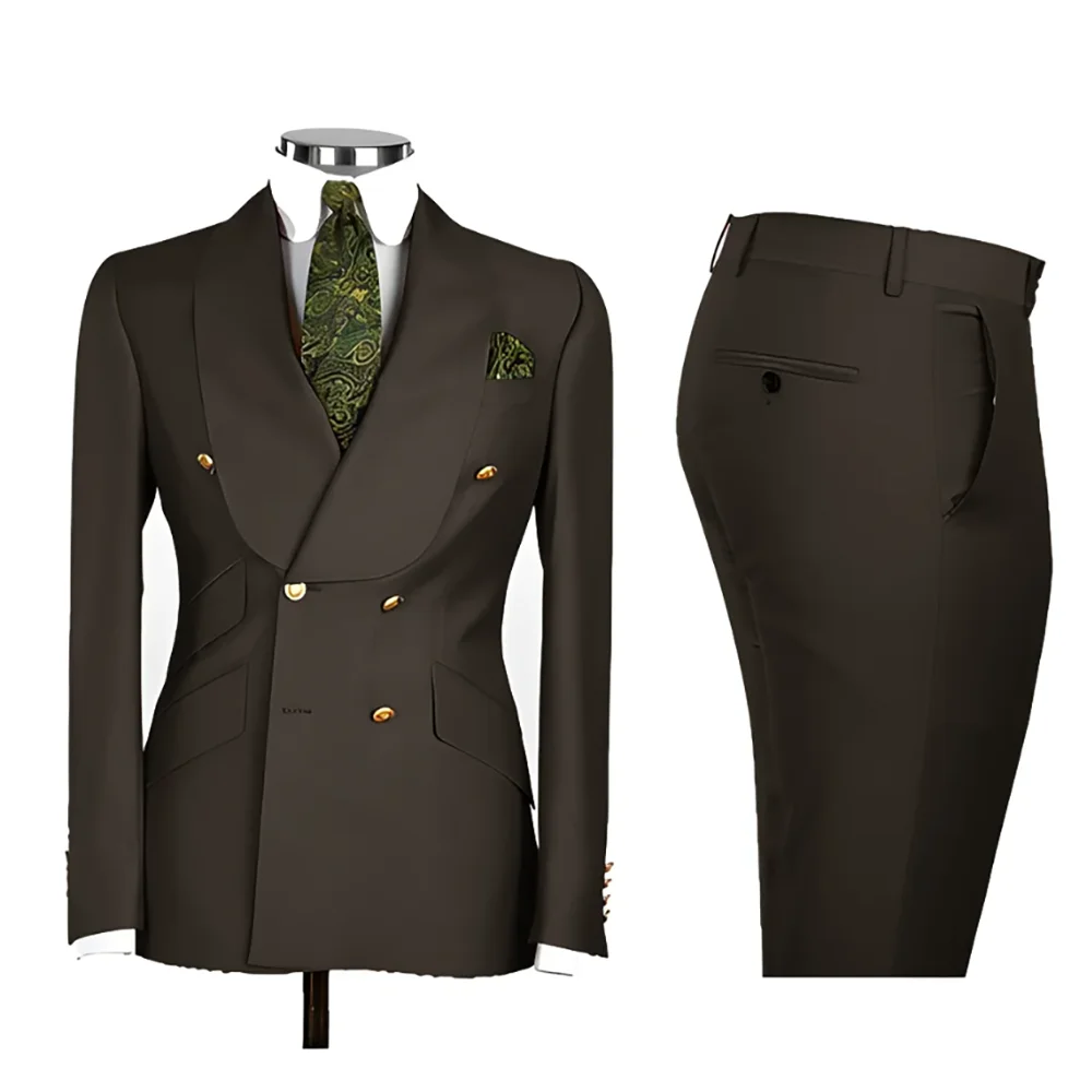 Lvory Shawl Lapel 2 Piece Suit Double Breasted Men's Jacket Pants with Gold Buttons Formal Wedding Groom Attire Prom Tuxedos