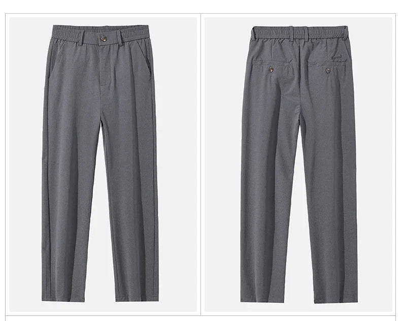 Spring Summer Thin Men's Slim Casual Pants Solid Color Elastic Waist Soft Breathable Business Straight Trousers Black Beige Gray