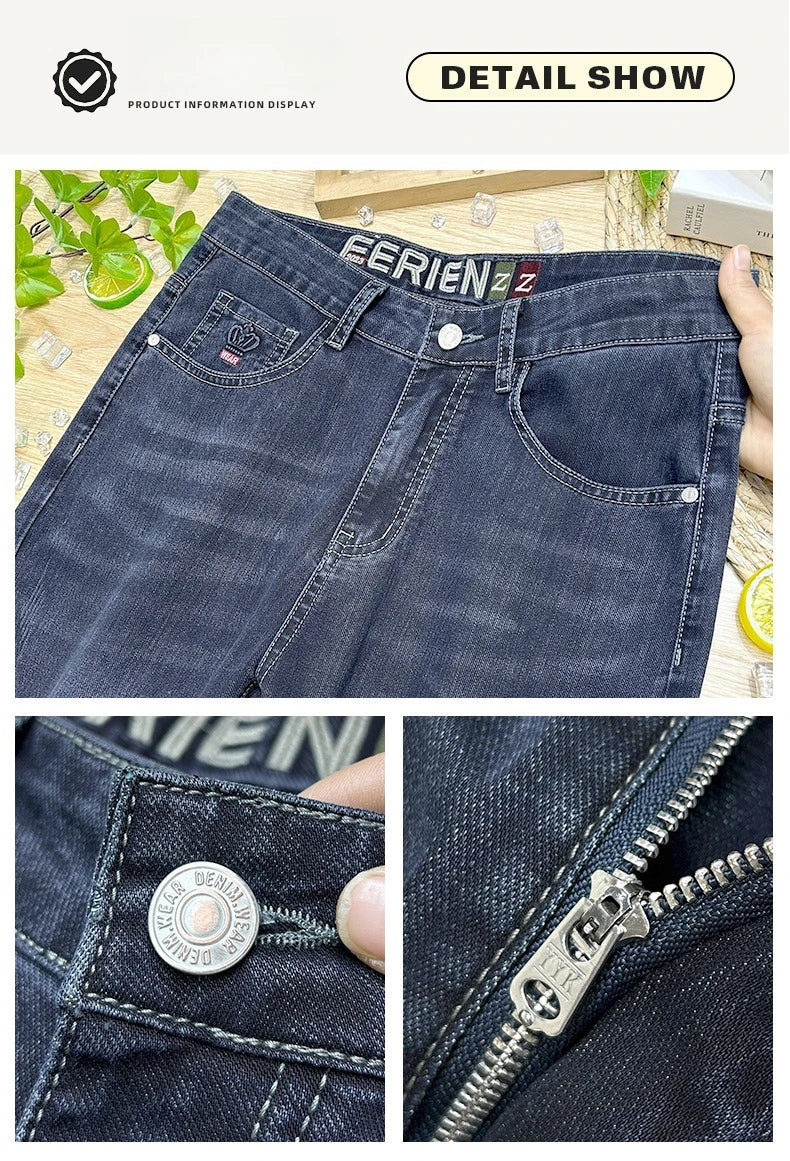  Brand Clothing Spring Summer Slim Men's Jeans Casual Breathable Cotton Fabric Stretch Denim Pants Blue Trousers Male Plus Size