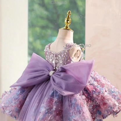 2026 Cute Sweet Purple Children Sleeveless Kids Host Princess Gown Costume Girls Birthday Party Dress Summer New Fashion Floral
