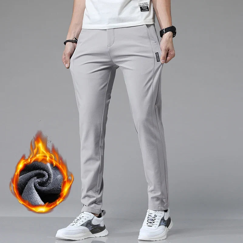 Korean Men's Warm Golf Pants Slim Straight Winter Thick Fleece Casual Pants Business Fashion Stretch Thermal Trousers Male