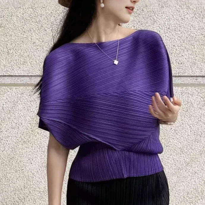 Miyake Pleated Top 2026 New Round Neck Short Sleeve Batwing T-Shirt Women Summer Lightweight Vacation Travel Women's Clothing