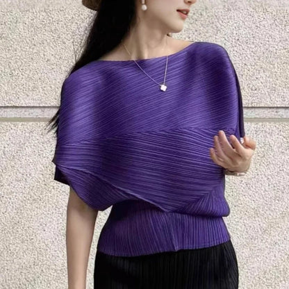Miyake Pleated Top 2026 New Round Neck Short Sleeve Batwing T-Shirt Women Summer Lightweight Vacation Travel Women's Clothing