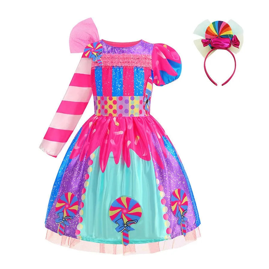 Purim Girls Rainbow Vestidos Candy Fairy Lollipop Cosplay Costume Toddler Girls Birthday Party Carnival Long Short Sleeves Dress