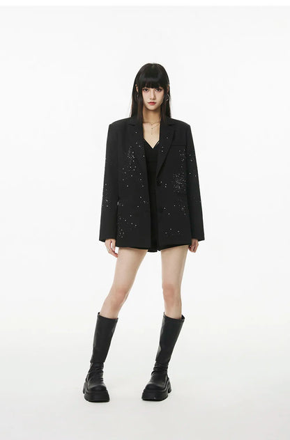 Women's Rhinestone Blazer Long Sleeve Suit Jacket Designer Loose Fit Office Casual Sparkly Blazer Fashion Outerwear Coat