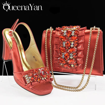 Spot goods Elegant Women Heels Shoes and Bag Set Decoration Rhinestones Women High Heels Shoes OL Bag And Shies