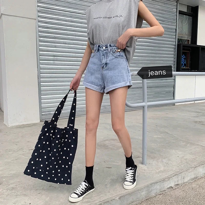 Summer 2024 Denim Shorts Women High Waisted Wide Leg Loose Crimping Blue Jeans Sequined Jean Shorts Female