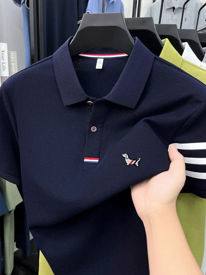 100% pure cotton short sleeve high-end brand cartoon dog embossed men's T-shirt summer new Korean casual breathable polo shirt