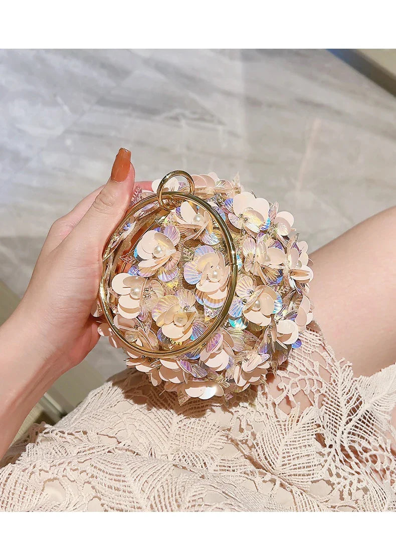 Mini Sequin Flower Evening Bag, Elegant Dinner Clutch Purse, Formal Round Banquet Handbag For Wedding Party Prom
