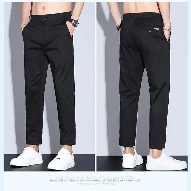 High Quality Summer Men's White Ankle Length Casual Pants 97%Cotton Breathable Straight Business Slim Work Chino Trousers Man
