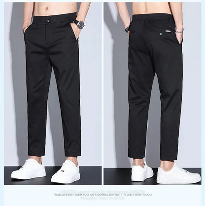 High Quality Summer Men's White Ankle Length Casual Pants 97%Cotton Breathable Straight Business Slim Work Chino Trousers Man