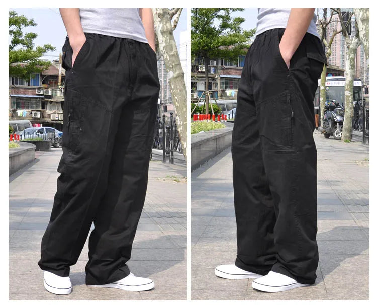 Spring Men cargo cotton pants pocket large size big 8XL 10XL 9XL 140KG loose out door casual safari style pants black 46 48 50