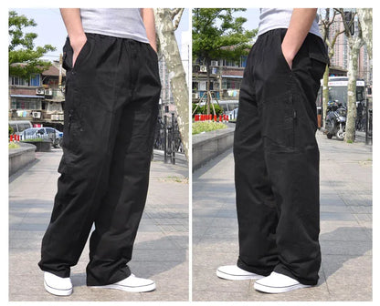Spring Men cargo cotton pants pocket large size big 8XL 10XL 9XL 140KG loose out door casual safari style pants black 46 48 50
