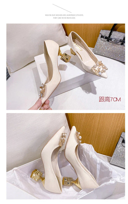 Autumn New Ladies High Heels Pointed Toe Shaped Heel High 5cm and 7cm Wedding Shoes Square Buckle Travel Banquet Shoe High Heels
