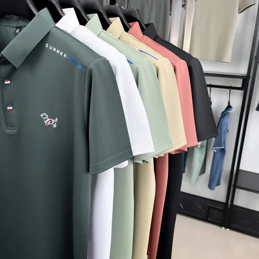 New Business Men's Lapel Polo Shirt High End Design Cartoon Dog Print Short Sleeve T-Shirt Summer Fashion Breathable Men's Wear