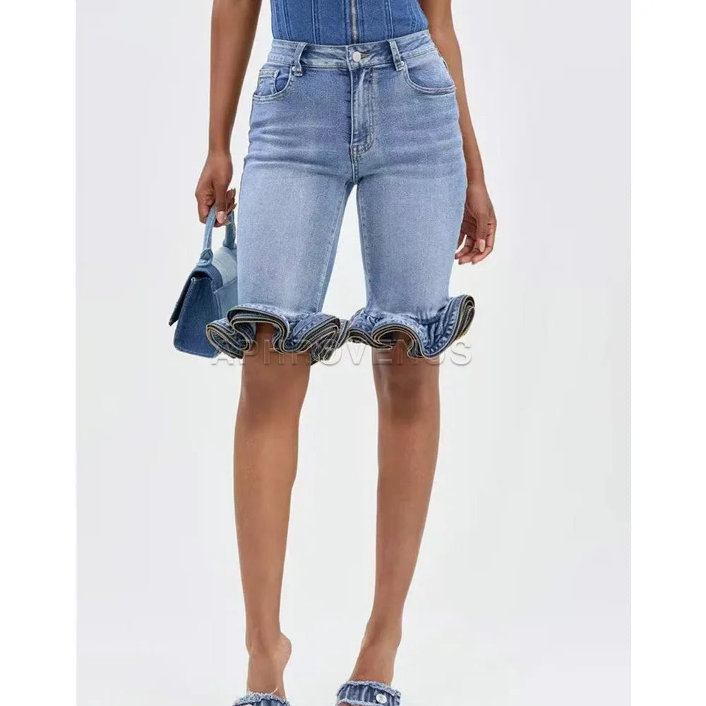 Wave Ruffle Hem Slim Denim Shorts Women Casual High Waist Slim Fit Ruffled Denim Shorts Fashion Slimming Streetwear