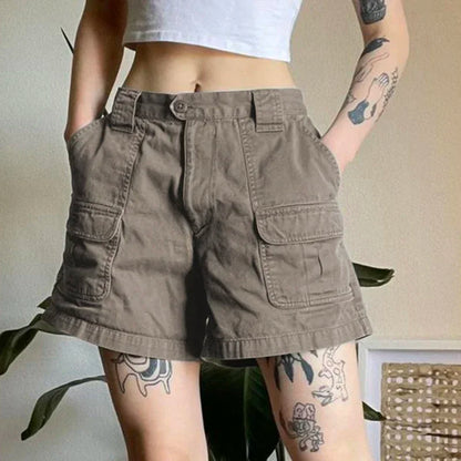 American Retro Washed Pocket Straight Leg Workwear Shorts for Female Boyfriend Mid Waist Casual Jeans Loose Pants Trendy Ins