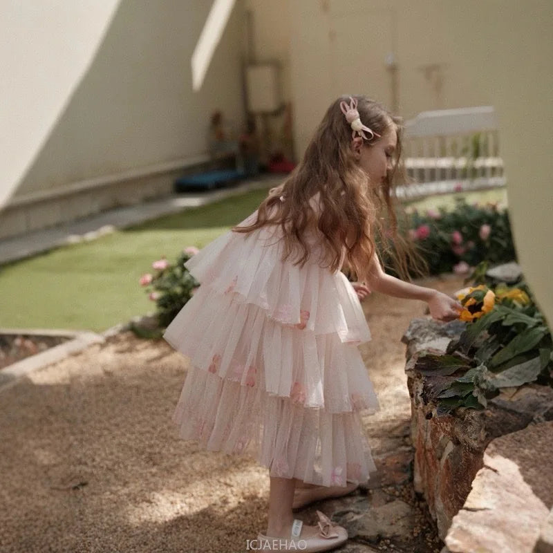 Girls Flower Tulle Cake Blue Pink Dress Princess Party Gown Dresses Kids Sleeveless Birthday Outfits Children Summer Costume