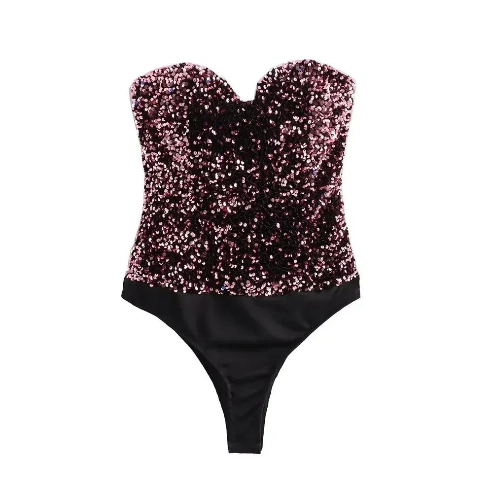 Strapless Sequin Bodysuits for Women, Backless Bodysuits, Sweetheart Neck, Female Playsuits, Sexy Fashion