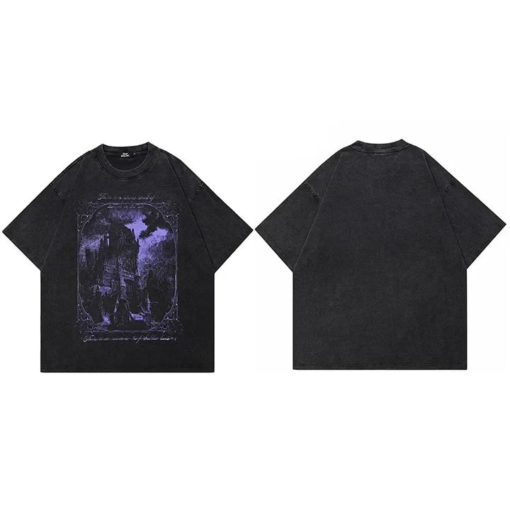 Hip Hop Washed Black T-Shirt Streetwear Vintage Purple Graphic Horror Castle T Shirt Cotton Tshirt Men Tops Tees Unisex Y2K