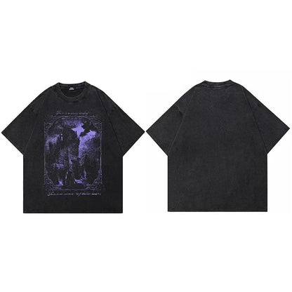 Hip Hop Washed Black T-Shirt Streetwear Vintage Purple Graphic Horror Castle T Shirt Cotton Tshirt Men Tops Tees Unisex Y2K
