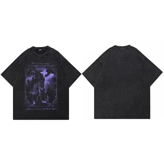 Hip Hop Washed Black T-Shirt Streetwear Vintage Purple Graphic Horror Castle T Shirt Cotton Tshirt Men Tops Tees Unisex Y2K