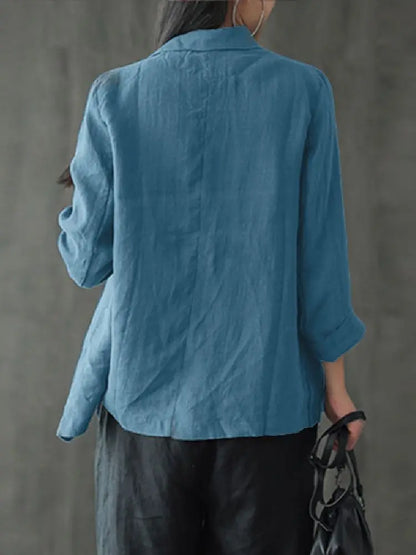 Women Lapel Neck Long Sleeve Blazer Autumn Vintage Casual Solid Cotton Blazer Elegant Cardigan Thin Coats Work Suits